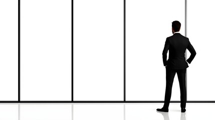 Fototapeta premium Businessman in Suit Looking at Blank Wall with Reflection and Light