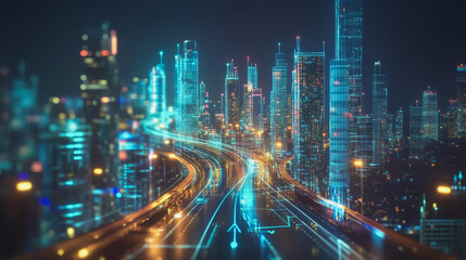 Fototapeta premium Smart Innovation city with connection cyber security network reciprocity over the night cityscape future wireless digital city and social media networking systems that connects people in the city