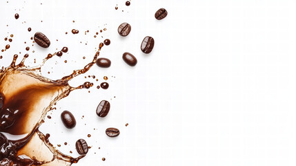 Striking coffee splash with scattered beans isolated on white background, creating dynamic and energetic visual. Perfect for coffee lovers and beverage promotions