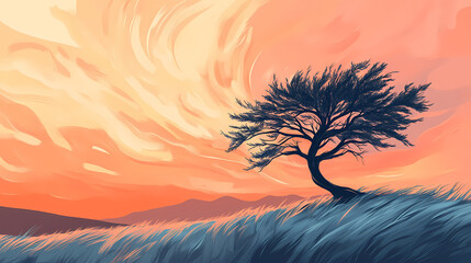 Serene landscape with a unique, windswept tree. capturing natural beauty and tranquil scenery in a peaceful, minimalist style. Windswept. Illustration