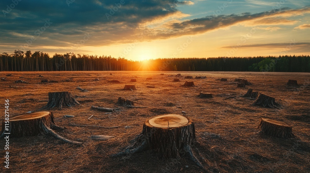 Poster Deforested landscape revealing tree stumps at sunset with a backdrop of distant forest trees. Generative AI