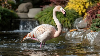 Fototapeta premium Pink flamingo wading in shallow water near waterfall.