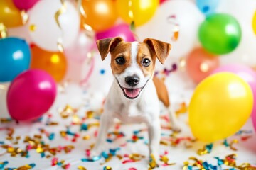 Jack Russell Terrier with 2025 decorations. Featuring a lively New Year��s scene with balloons and streamers