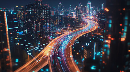 Fototapeta premium Smart Innovation city with connection cyber security network reciprocity over the night cityscape future wireless digital city and social media networking systems that connects people in the city