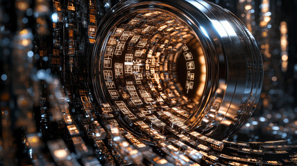 Large digital vault with binary code spilling out.