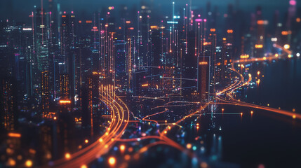 Obraz premium Smart Innovation city with connection cyber security network reciprocity over the night cityscape future wireless digital city and social media networking systems that connects people in the city
