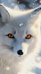 Naklejka premium A close-up photo of a white snow fox in the snow