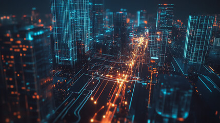 Smart Innovation city with connection cyber security network reciprocity over the night cityscape future wireless digital city and social media networking systems that connects people in the city