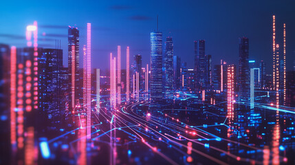 Fototapeta premium Smart Innovation city with connection cyber security network reciprocity over the night cityscape future wireless digital city and social media networking systems that connects people in the city