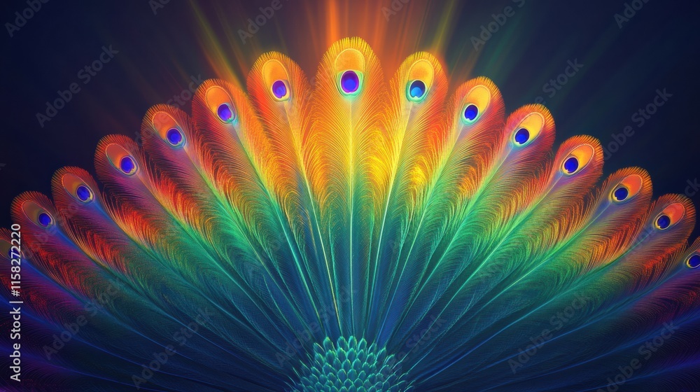 Poster Colorful display of peacock tail feathers creating a fan like effect with vibrant hues and ample copy space. Generative AI