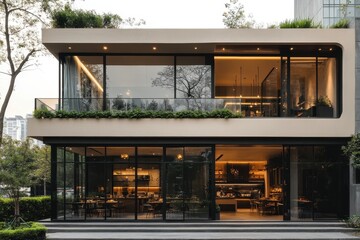 Modern Restaurant Building With Large Glass Windows
