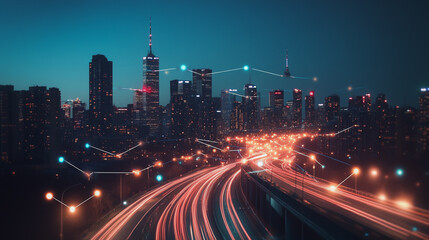Fototapeta premium Smart Innovation city with connection cyber security network reciprocity over the night cityscape future wireless digital city and social media networking systems that connects people in the city