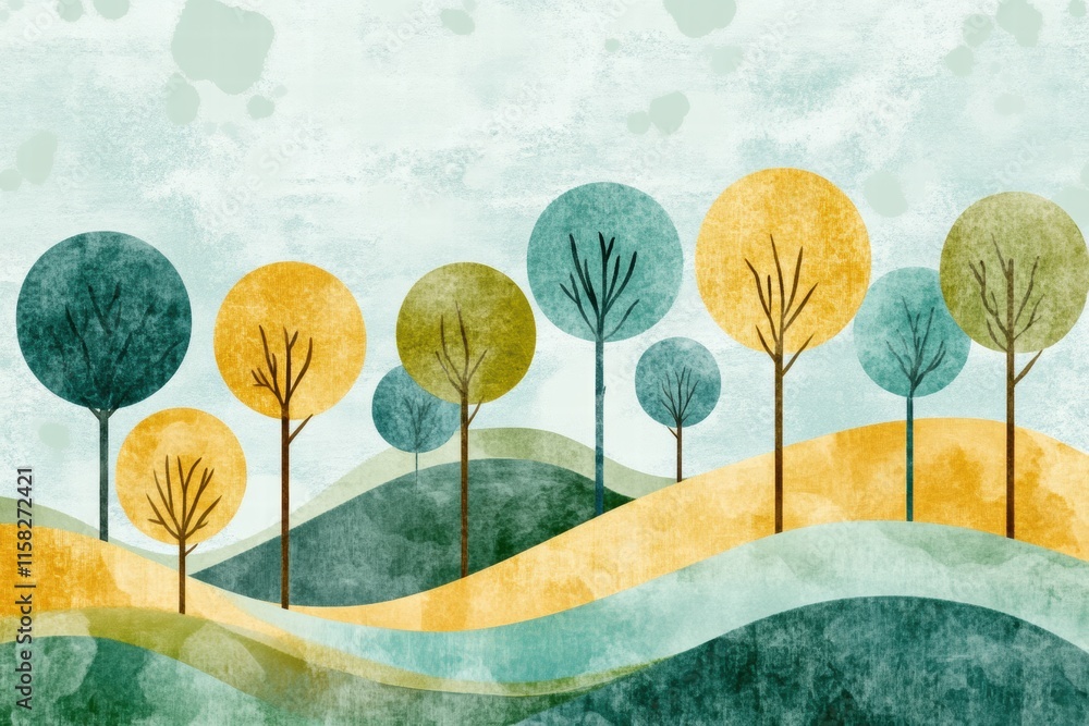Poster naive art style landscape background featuring colorful trees and rolling hills with space for text.