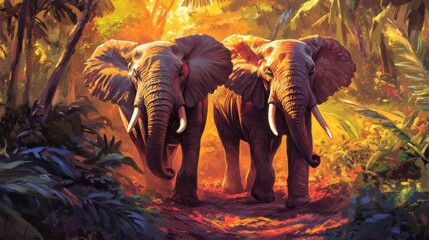 Elephants Walking Through Vibrant Jungle at Golden Hour