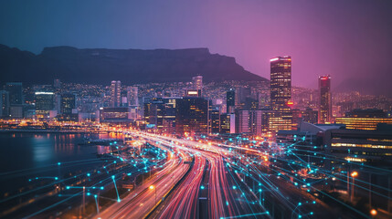 Obraz premium Smart Innovation city with connection cyber security network reciprocity over the night cityscape future wireless digital city and social media networking systems that connects people in the city