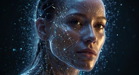 A woman wearing a futuristic face mask, her features transforming into a radiant digital galaxy of shimmering particles.  