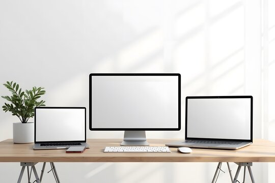 Responsive design device mokup. Laptop, computer screen, mobile phone and tablet with screen isolated on work desk