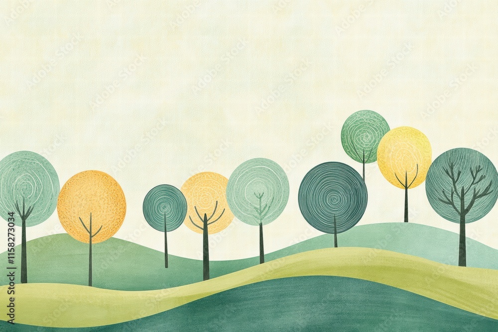 Poster Colorful naive art style landscape with trees and rolling hills creating a serene backdrop for a creative project. Generative AI