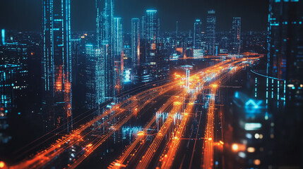 Fototapeta premium Smart Innovation city with connection cyber security network reciprocity over the night cityscape future wireless digital city and social media networking systems that connects people in the city