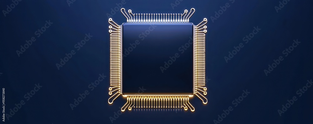 Poster economic stability forecast concept. microchip with intricate circuitry on a dark background.