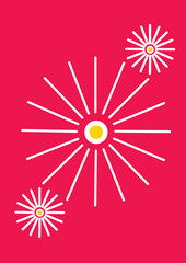 A vibrant red background with white starburst patterns radiating from yellow centers, arranged asymmetrically for a dynamic and modern look.