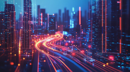 Smart Innovation city with connection cyber security network reciprocity over the night cityscape future wireless digital city and social media networking systems that connects people in the city