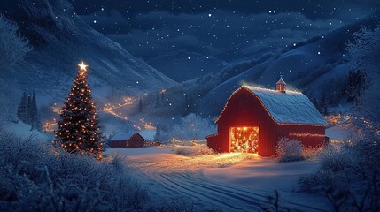 A red house in the mountains, a night scene with a snow-covered landscape, a Christmas tree with lights next to it, and a barn in the background, all in a fantasy style. © Na
