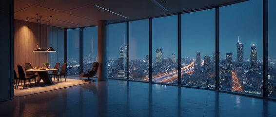 Naklejka premium Modern empty room with night city view