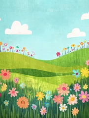 Fototapete Rund Colorful naive art style landscape with flowers in a bright and cheerful setting perfect for background use. Generative AI © Anat art