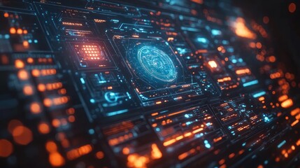 Obraz premium Futuristic digital interface with glowing blue and orange elements.