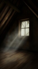 Mysterious attic with light beams shining through a dusty window.