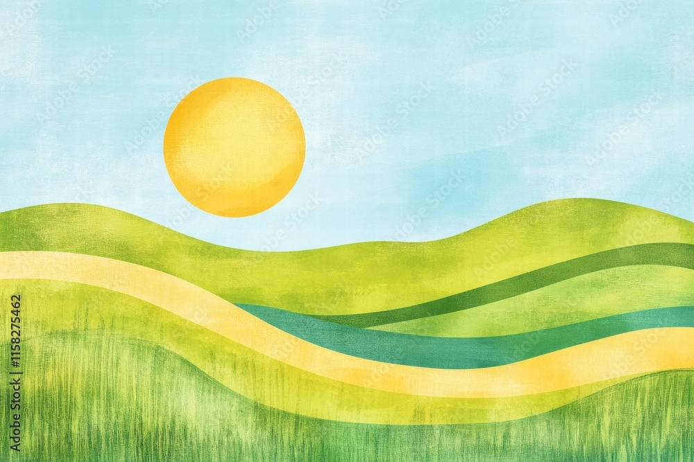 Fototapete bright sun over rolling green hills in naive art style with empty space for text. generative ai
