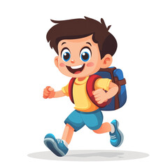 Happy Boy Running to School with Backpack