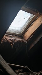 Obraz premium An eerie view of a dusty attic window revealing spider webs and natural light.