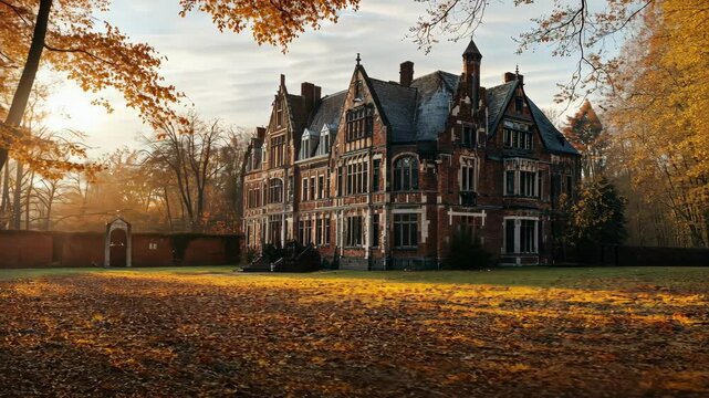 Autumnal Manor House: A Majestic Brick Mansion in Golden Sunlight