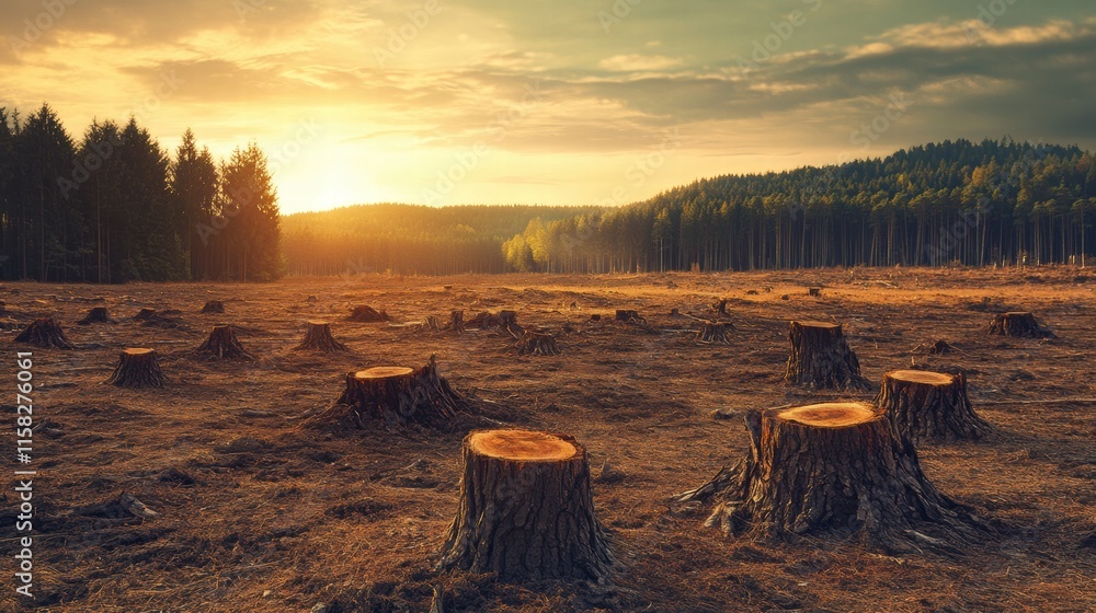 Aufkleber deforestation impact revealed through a landscape of tree stumps at sunset in a once dense forest. g