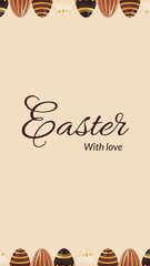 Vertical story template Easter theme with realistic chocolate golden eggs. Holiday greeting for social media post. Vector illustration
