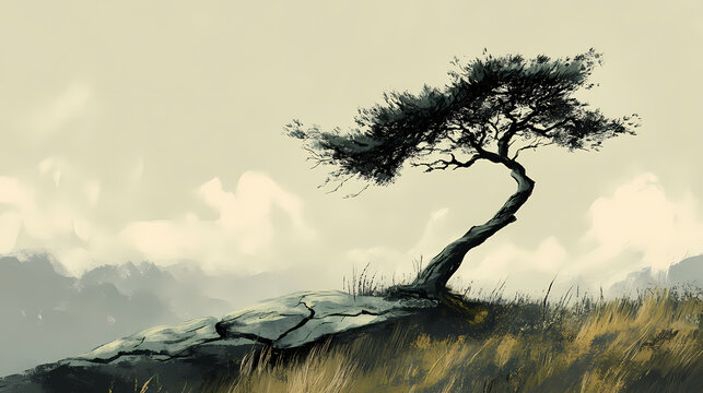 A windswept tree on a remote hilltop, bending but unbroken, a testament to survival in the vastness of the landscape. Windswept. Illustration