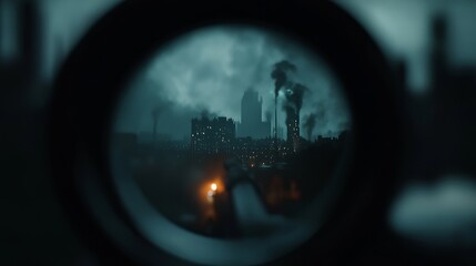 Mysterious cityscape viewed through a sniper scope, shrouded in smoke and shadows.