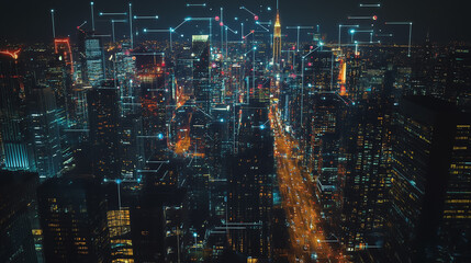 Naklejka premium Smart Innovation city with connection cyber security network reciprocity over the night cityscape future wireless digital city and social media networking systems that connects people in the city