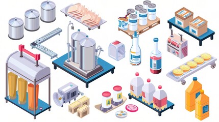 Food manufacturing beverage production process showing various steps from raw materials preparation to final product packaging. Workers carefully operate the machinery to blend ingredients precisel
