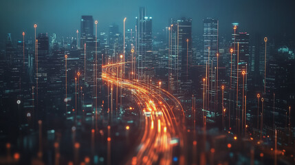 Obraz premium Smart Innovation city with connection cyber security network reciprocity over the night cityscape future wireless digital city and social media networking systems that connects people in the city