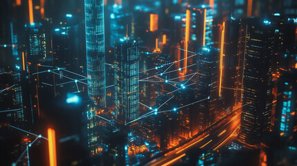 Smart Innovation city with connection cyber security network reciprocity over the night cityscape future wireless digital city and social media networking systems that connects people in the city
