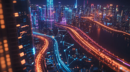 Obraz premium Smart Innovation city with connection cyber security network reciprocity over the night cityscape future wireless digital city and social media networking systems that connects people in the city