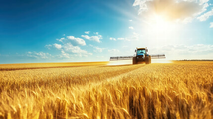Naklejka premium Aerial view of tractor spraying crops in golden wheat field under bright blue sky. sun shines brightly, creating vibrant agricultural scene