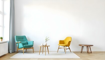 A minimalist living room with a white wall, a wooden table, and colorful furniture including a teal armchair and a yellow chair