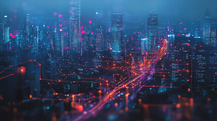 Fototapeta premium Smart Innovation city with connection cyber security network reciprocity over the night cityscape future wireless digital city and social media networking systems that connects people in the city