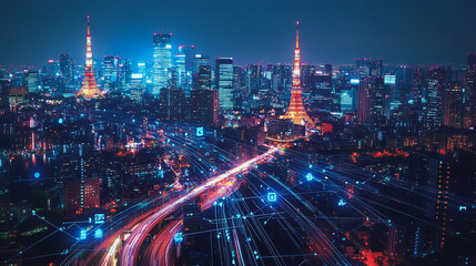 Fototapeta premium Smart Innovation city with connection cyber security network reciprocity over the night cityscape future wireless digital city and social media networking systems that connects people in the city