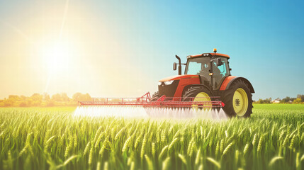 Fototapeta premium Aerial view of tractor spraying crops in lush green field under bright sun. vibrant colors and agricultural activity highlight importance of modern farming techniques