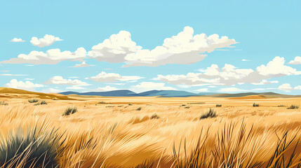 Obraz premium Depiction of a windswept plain with tall grass and scattered shrubs, flat illustration. wind-swept plains. illustration. Windswept. Illustration